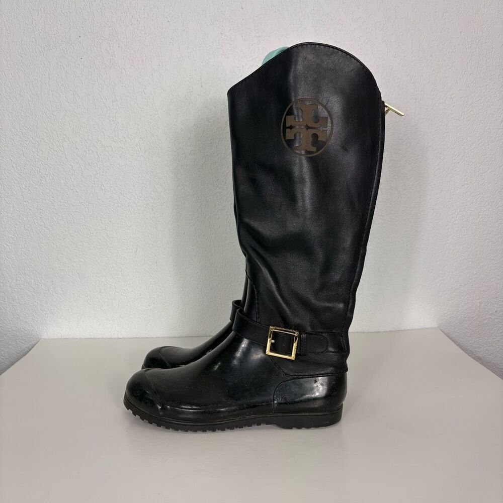 Tory Burch Black Leather Tall Waterproof Bottom Rain Boots Women's Size 8